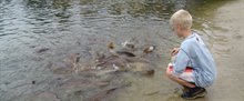 Jongen knielt bij water met spartelende vissen