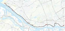 Kaart van Delflandsedijk. De dijk is aangegeven met de zwarte lijn. De dijk loopt van Hoek van Holland naar Rotterdam
