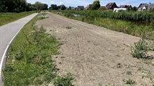 De kade bij het Hazepad. Links op de foto is het fietspad te zien. Rechts op de foto staat de kade. Er groeit daar geen gras. langs het water groeien wel planten.