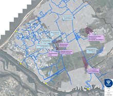 Kaart met de locaties van de verschillende bergingsgebieden. Op deze kaart staan de bergingsgebieden Hoekpolder, WoudsePolder, De Wollebrand, Bergboezem Berkel en de bergingsvarianten