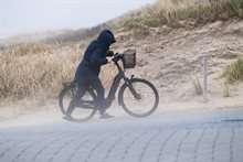 Persoon met fiets loopt de duinen op terwijl het hard waait. Foto door Bart van Vliet